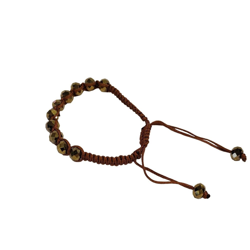 Adjustable Beaded Macrame Bracelet Brown Gold Faceted Nylon Cord